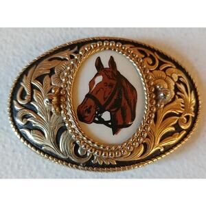 Vintage Brass Horse Head Belt Buckle with Porcelain Cameo 3.25" Western